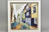 'Narrow Street with Violet House', a townscape, signed bottom right, by Camilla Dowse, acrylic on board, sold Jun 2020