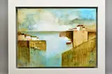 'White Houses on The Cliffs VI', a coastal harbour scene, signed by Keith Athay, mixed media on canvas, sold Jun 2020