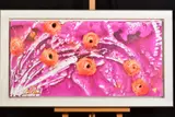 'Peach Fondants I', abstract flowers against a cerise background, signed by Clare Sykes, acrylic on canvas, sold Jun 2020