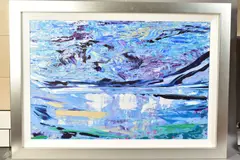 'SINGING THE BLUES', a modernist landscape with blue sky by Duncan Macgregor Dmac, acrylic, sold Jun 2020
