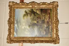 A Rural Idyll, farmyard scene with horses, cattle, pigs, by Georgina Lara, oil, sold Jun 2020