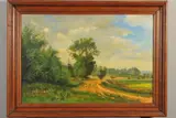 a dirt road winding through a rural landscape, trees to the left, open fields to the right by J.p. Guilloteau, oil on canvas, sold Jun 2020