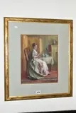 reading the tea leaves, lady in an interior scene at a tea table by Charles James Lewis, watercolour, sold Jun 2020