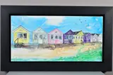 Beach huts ii by Katharine Dove, mixed media on canvas, sold May 2020