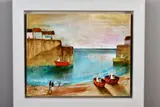 Boats in harbour by Keith Athay, mixed media on canvas, sold May 2020
