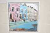 IS IT A BOY OR A GIRL' pink and blue town houses by Camilla Dowse, acrylic on board, sold May 2020
