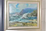 a coastal landscape, waves crashing over rocks, seagulls above by Godwin Bennett, oil on canvas, sold May 2020
