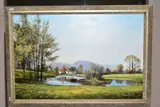 an landscape with a house set in extensive grounds with a lake to fore by Michael Morris, oil on canvas, sold May 2020