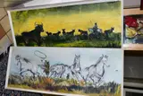 'Camargue White Horses', French cowboys lassoing wild horses, by Cavan Corrigan, oil on board, sold May 2020