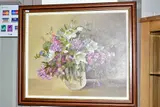 a still life study of a vase of mixed blossoms, flowers and foliage by Pamela Davis, oil on board, sold May 2020