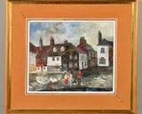 Thameside' children playing on the foreshore, workers cottages behind by Brenda King, 1975, oil on board, sold Apr 2020