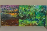'Sky Over St Neots', a landscape in the modernist by James Lawrence Isherwood, oil on board, sold Apr 2020