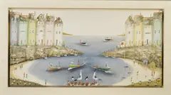 'Home Port', fishing boats and cottages in a harbour, acrylic on by Rebecca Lardner, acrylic on canvas, sold Apr 2020