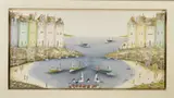 'Home Port', fishing boats and cottages in a harbour, acrylic on by Rebecca Lardner, acrylic on canvas, sold Apr 2020