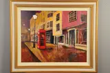 'Night Time Phonebox', a townscape of colourful houses and a by Timmy Mallet, oil on board, sold Apr 2020