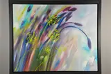 'Crispy Morning', stylised foliage blowing in the breeze, by Julie Ann Scott, acrylic on canvas, sold Apr 2020