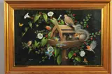 'View From My Window', a bird feeder is visited by Blue by Barbara Mitchell, oil on board, sold Apr 2020