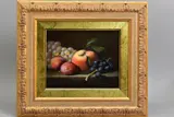 a still life study of fruit comprising a peach, plums and grapes by Brian Davies, oil on canvas, sold Apr 2020