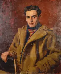 'Maurice Barratt', a half length portrait of a seated man by Michael Gilbery, oil on canvas, sold Apr 2020