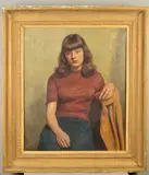 A three quarter length portrait of a seated young woman by Michael Gilbery, oil on canvas, sold Apr 2020
