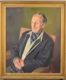 'Bill Morrison', a half length portrait of a seated gentleman by Michael Gilbery, oil on canvas, sold Apr 2020
