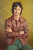 a half length portrait of a seated young man wearing a brown leather jacket by Michael Gilbery, oil on canvas, sold Apr 2020