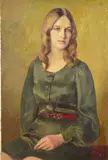 a half length portrait of a seated young woman wearing a green dress by Michael Gilbery, oil on canvas, sold Apr 2020