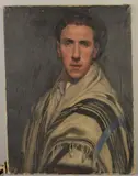 a head and shoulders self portrait of the artist wearing a Jewish prayer garment called a tallit by Michael Gilbery, oil on canvas, sold Apr 2020