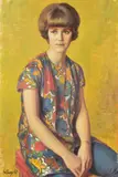 a half length portrait of a seated young woman wearing a flowery blouse by Michael Gilbery, oil on canvas, sold Apr 2020