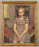 'Doris', a three quarter length portrait of a seated young girl by Michael Gilbery, oil on canvas, sold Apr 2020