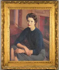 A three quarter length portrait of a seated lady by Michael Gilbery, oil on canvas, sold Apr 2020