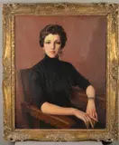 'Juliet Wheatcroft', a portrait of a seated young woman wearing by Michael Gilbery, oil on canvas, sold Apr 2020