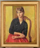 'Christine', a three quarter length portrait of a seated by Michael Gilbery, oil on canvas, sold Apr 2020