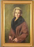a half length portrait of a lady wearing a coat with fur collar by Michael Gilbery, oil on canvas, sold Apr 2020