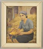 A three quarter length portrait of a seated female farm worker by Michael Gilbery, oil on board, sold Apr 2020