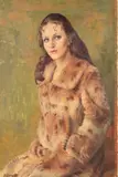 a portrait of a seated female figure wearing a fur coat, oil on by Michael Gilbery, oil on canvas, sold Apr 2020