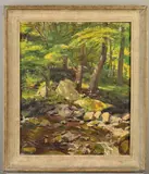'Watersmeet Valley, North Devon', a woodland landscape with by Michael Gilbery, oil on canvas, sold Apr 2020