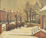 a winter's day on a suburban street, oil on canvas, signed by Michael Gilbery, oil on canvas, sold Apr 2020