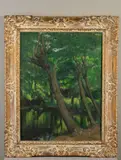 'The Pool', a forested landscape featuring a pool of water, oil by Michael Gilbery, oil on board, sold Apr 2020