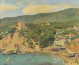 'Cala Major-Mallorca', a Spanish coastal landscape across a by Michael Gilbery, oil on canvas, sold Apr 2020