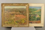 'Italian Landscape', an Italian village overlooking olive by Michael Gilbery, Oil Painters label verso, framed, approximately, sold Apr 2020