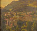 a Continental village surrounded by hills, oil on canvas, by Michael Gilbery, oil on canvas, sold Apr 2020