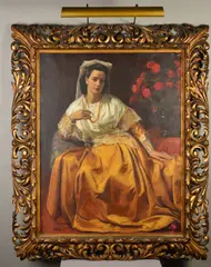 'The Old Italian Dress', a full length portrait of a seated by Michael Gilbery, oil on canvas, sold Apr 2020