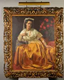 'The Old Italian Dress', a full length portrait of a seated by Michael Gilbery, oil on canvas, sold Apr 2020
