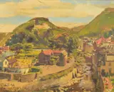 a British town at the foot of a hill range, oil on canvas, by Michael Gilbery, oil on canvas, sold Apr 2020
