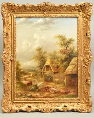 A Rural Idyll, farmyard scene with horses, cattle, pigs, by Georgina Lara, oil, offered Apr 2020