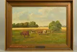Cattle grazing in a lowland landscape, woodland and houses beyond by Niels Peter Christiansen, oil on canvas, sold Apr 2020