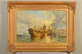 An Old Frigate at Plymouth, oil on relined canvas, by Henry Thomas Dawson, 1870, oil, sold Apr 2020