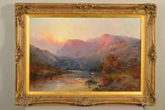 'Cader Idris N. Wales', cattle watering at sunset, oil by Alfred Fontville de Breanski, oil on canvas, sold Apr 2020