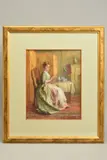 reading the tea leaves, lady in an interior scene at a tea table by Charles James Lewis, watercolour, offered Apr 2020